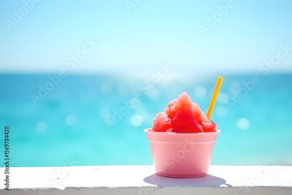Fototapeta Strawberry shaved ice dessert in a cup at a seaside café terrace with an ocean view and blue sky in summer