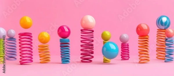 Obraz Colorful spheres balanced on vibrant springs against a pastel background