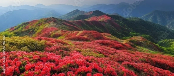 Obraz Mountain slopes blanketed in vibrant red flowers