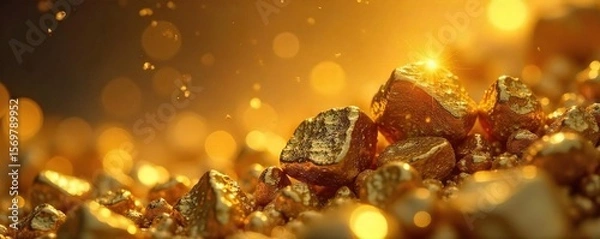 Fototapeta Sunlight Illuminates Glittering Gold Nuggets A Symbol of Spiritual Wealth and Inner Enlightenment