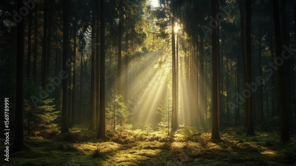 Obraz Sunlight streams through a dense forest