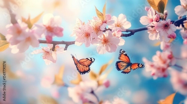 Obraz Blossoming spring branches with butterflies