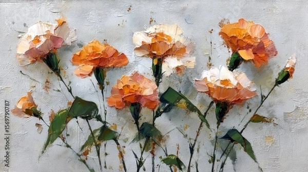 Fototapeta Textured oil painting of vibrant carnation flowers with lush orange, peach, and white petals, expressive brushstrokes, green stems, neutral off-white background, dynamic paint flecks.