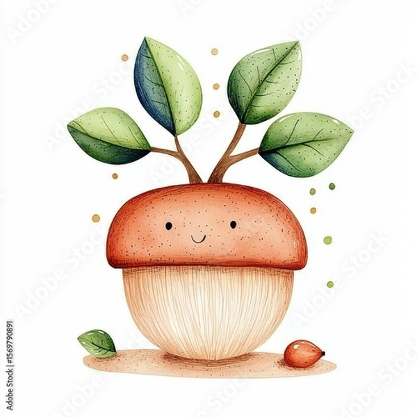 Fototapeta Smiling Cartoon Mushroom with Green Leaves Watercolor Illustration