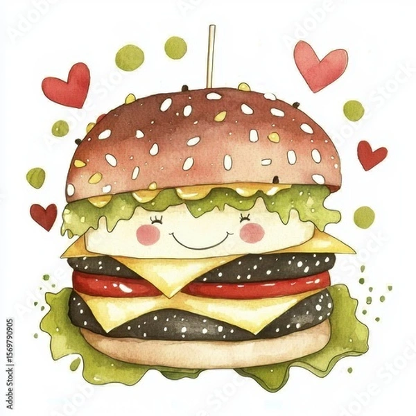 Fototapeta Smiling Cartoon Burger Watercolor Illustration with Hearts