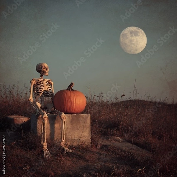 Fototapeta Skeleton and pumpkin sitting in a field, Halloween scene, evening