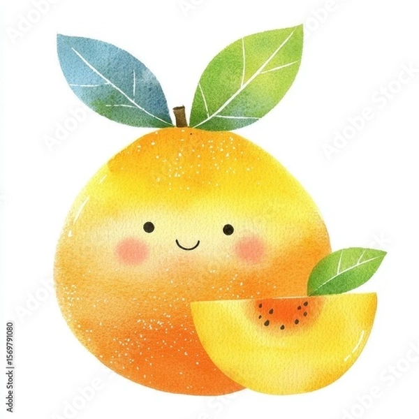 Fototapeta Smiling Cartoon Peach Illustration Watercolor Style