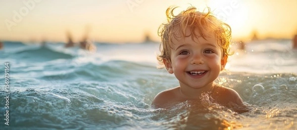 Obraz Child Smiles in the Ocean at Sunset