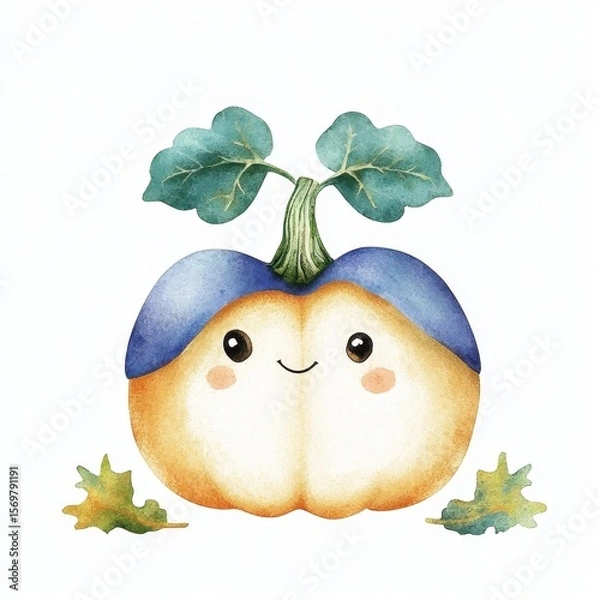 Fototapeta Smiling Cartoon Pumpkin in Purple Hat Autumn Watercolor Illustration