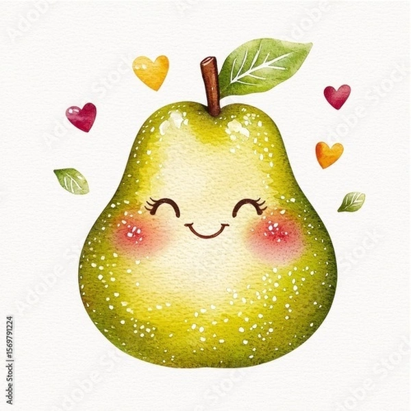Fototapeta Smiling Cartoon Pear with Hearts and Leaves Watercolor Illustration