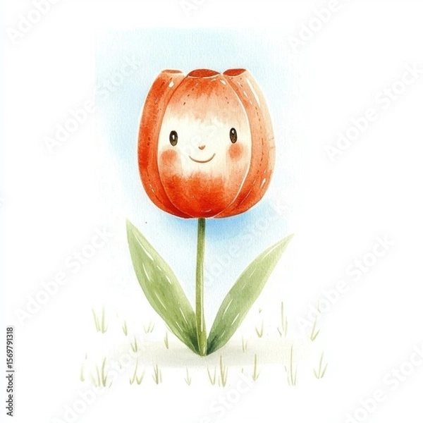 Fototapeta Smiling Cartoon Tulip Watercolor Illustration