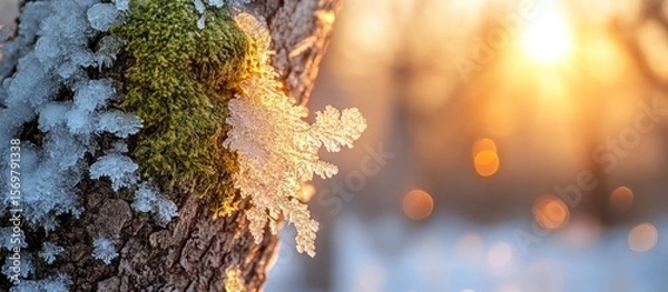 Obraz Snowflake on Bark with Moss Lit by Winter Sun