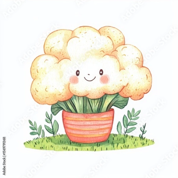 Fototapeta Smiling Cauliflower Vegetable Illustration in Striped Pot on Grass with White Background