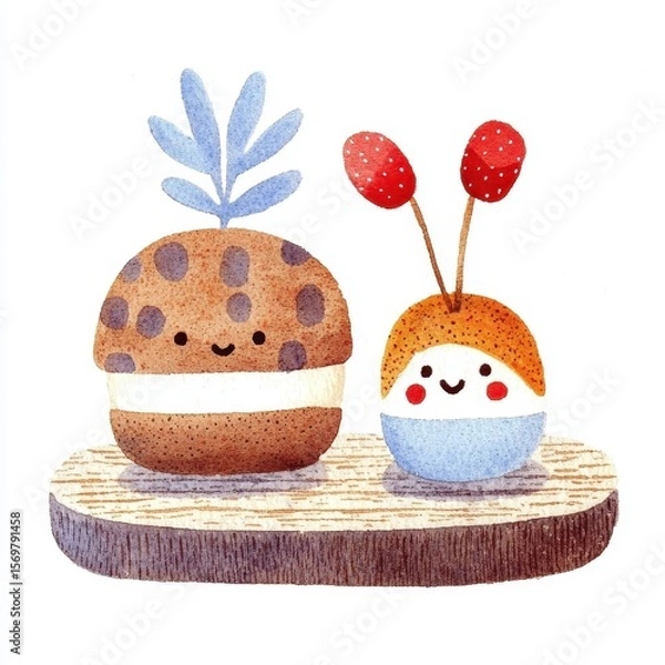 Fototapeta Smiling Cookie and Fruit Dessert Watercolor Illustration