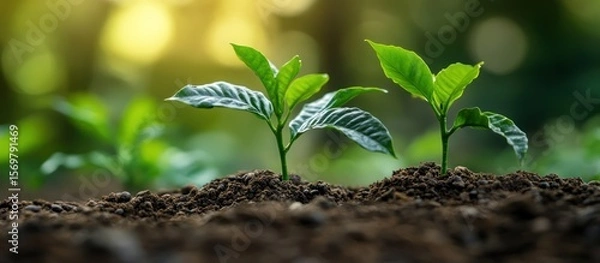 Obraz Sprouting Seedlings in Rich Soil with Bright Green Leaves