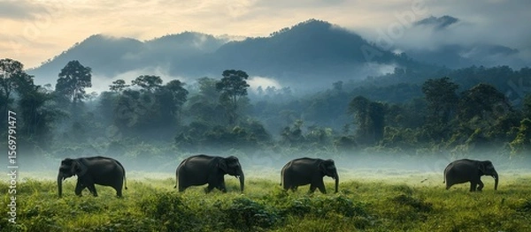 Obraz Elephant Group Walking in Green Field with Mountains