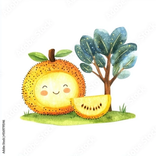 Fototapeta Smiling Jackfruit and Tree Watercolor Illustration