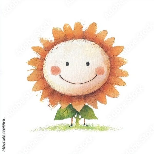 Fototapeta Smiling Orange Cartoon Sunflower on White Background