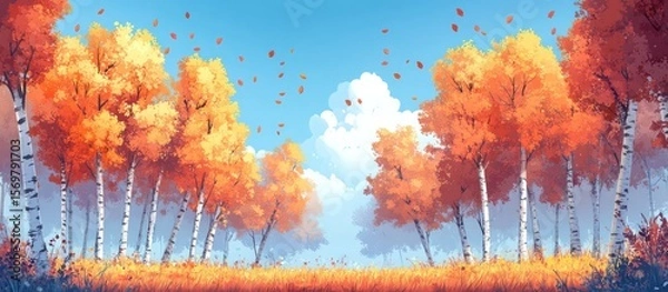 Obraz Autumn Birch Forest Path, Windy Day