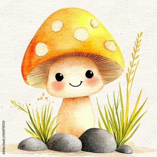 Fototapeta Smiling Orange Cartoon Mushroom in Green Grass