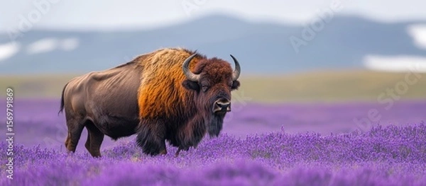 Obraz Bison Grazing in Field of Purple Flowers with Mountains in Background
