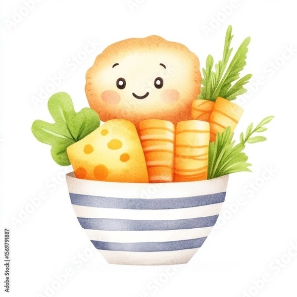 Fototapeta Smiling Potato Character with Carrots and Cheese in Striped Bowl Watercolor Illustration