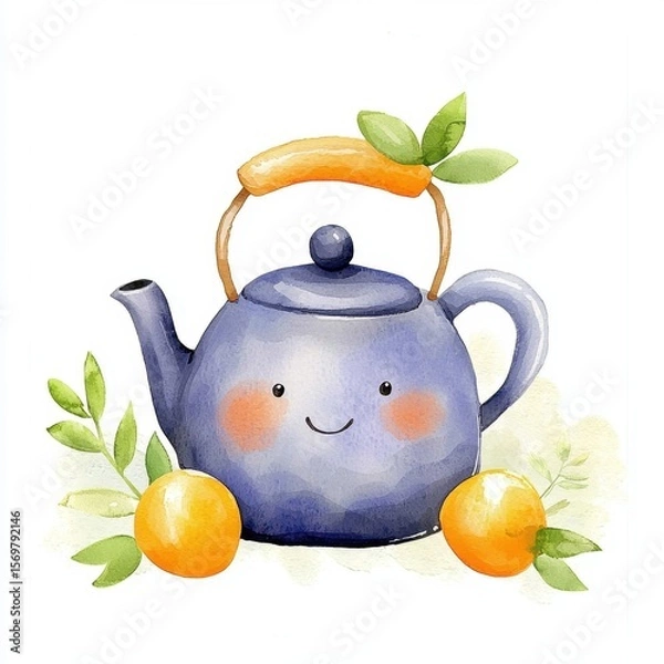 Fototapeta Smiling Purple Teapot with Oranges and Leaves Watercolor Illustration