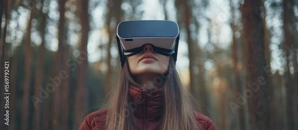 Obraz Woman Using Virtual Reality Headset in Forest