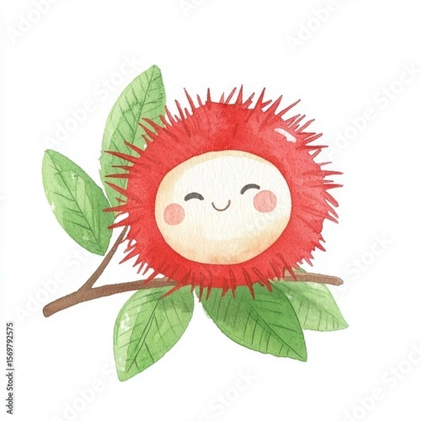 Fototapeta Smiling Rambutan Fruit Cartoon Illustration Watercolor Style