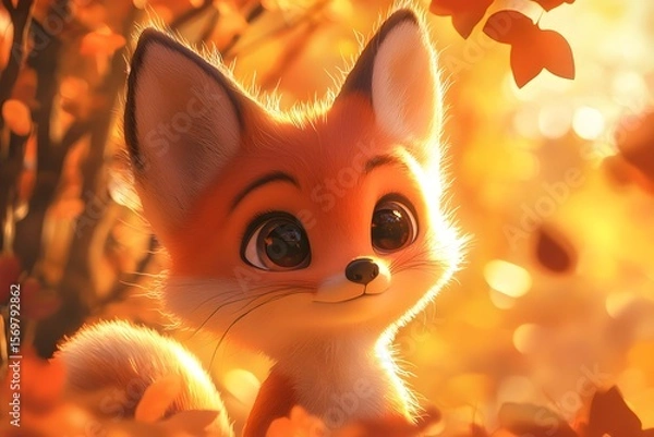 Fototapeta Cute Cartoon Fox Surrounded by Autumn Leaves in Soft Light