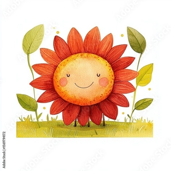 Fototapeta Smiling Red Sunflower Cartoon Illustration Watercolor Style
