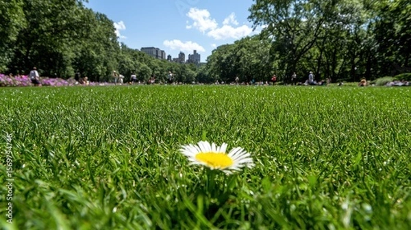 Fototapeta Single White Daisy in Lush Green Grass, Sunny City Park