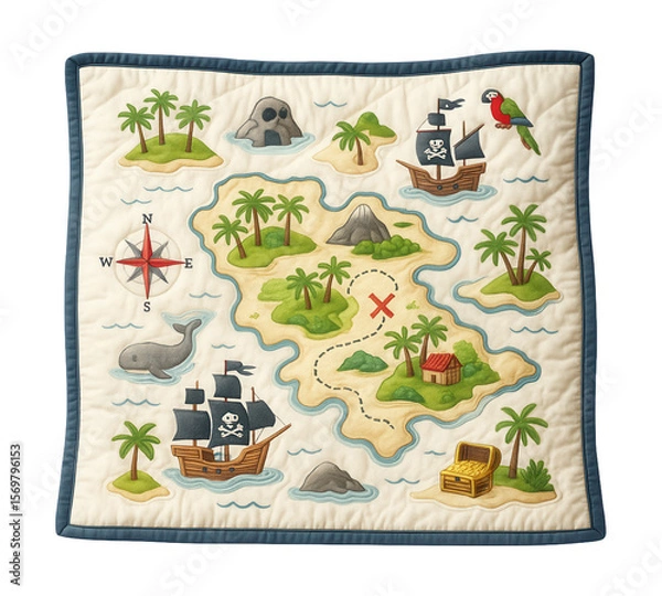 Fototapeta Lightweight quilt with a pirate treasure map design ideal for imaginative play in a child's room.