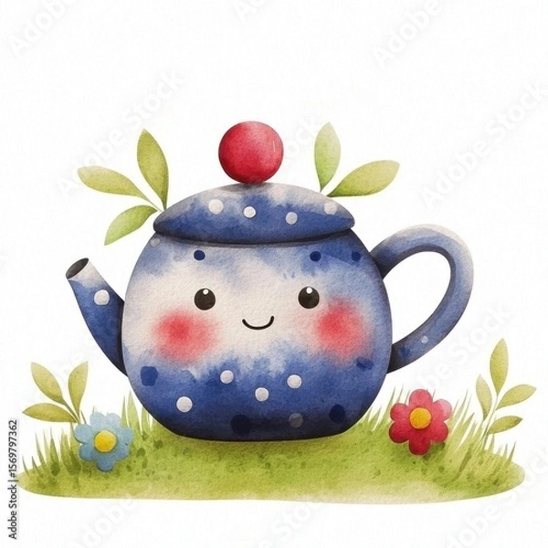 Fototapeta Smiling Blue Polka Dot Teapot in Watercolor Style