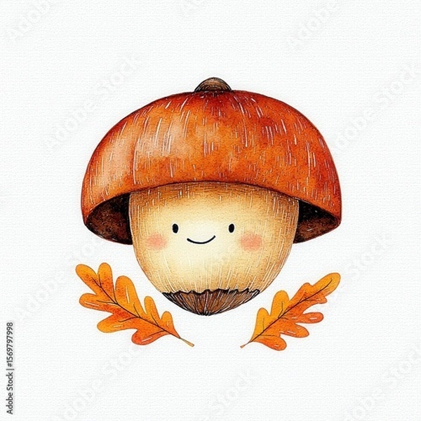 Fototapeta Smiling Cartoon Acorn with Autumn Leaves on White Background