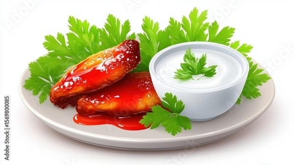 Obraz Tasty BBQ chicken wings served with white sauce in a bowl and fresh green herbs on a white plate