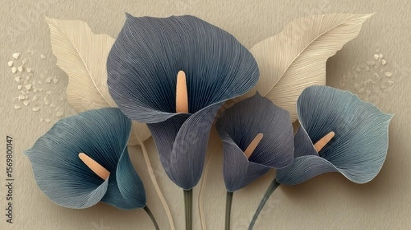 Fototapeta Stylized calla lilies with deep blue petals, orange-brown spadixes, arranged on a textured beige background, featuring fine parallel lines. Cream-colored elongated leaves with linear patterns behind, 