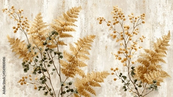 Fototapeta Delicate botanical composition with golden fern fronds, round berries, and muted green leaves arranged in a natural, flowing pattern on a textured off-white background.