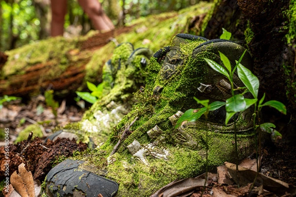 Fototapeta A pair of dirty shoes covered in moss and leaves. The shoes are on a log in the forest