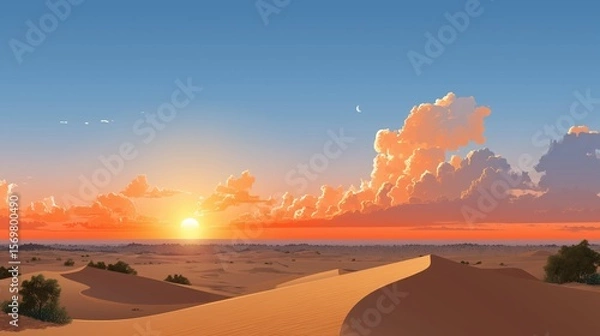 Obraz Beautiful sunrise above sandy desert dunes with scattered bushes, warm clouds, and clear blue sky in the morning light