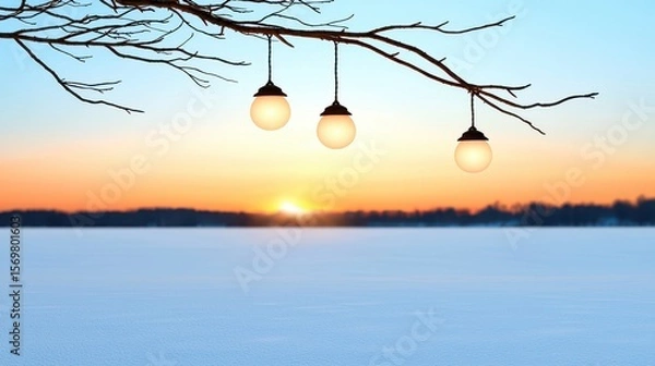 Fototapeta Winter Sunset with Decorative Lights Hanging from a Bare Tree Branch