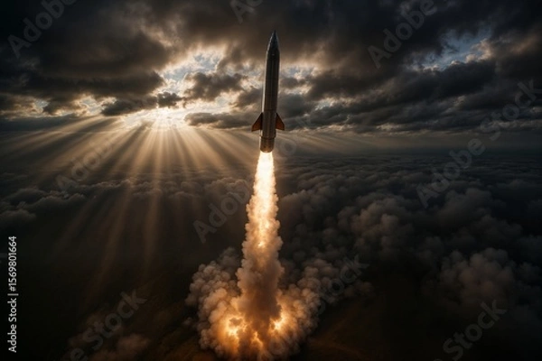 Obraz Missile Captured Mid-Flight with Exhaust Trail Against Sky
