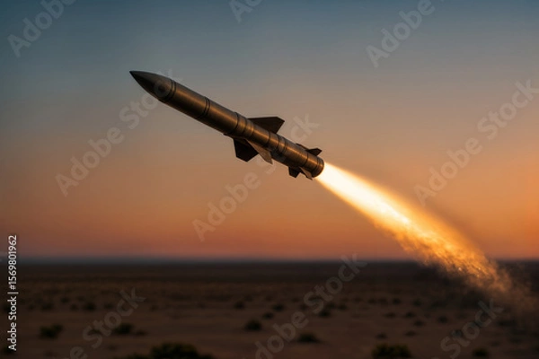 Obraz Missile Captured Mid-Flight with Exhaust Trail Against Sky