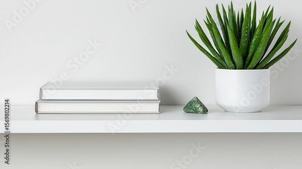Fototapeta Minimalist Shelf Display with Green Plant, Books, and Natural Stone Decoration