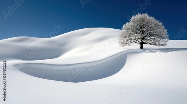 Fototapeta Serene Winter Landscape with Lone Tree and Crisp Snow-Covered Hills