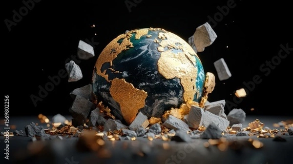 Fototapeta Earth Surrounded by Crumbling Rocks and Shards of Gold in a Dark Background