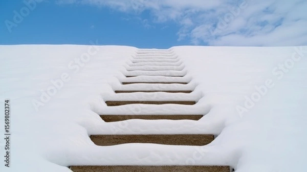 Fototapeta Snow-Covered Steps Leading to Blue Sky with Clouds Above in Winter Landscape