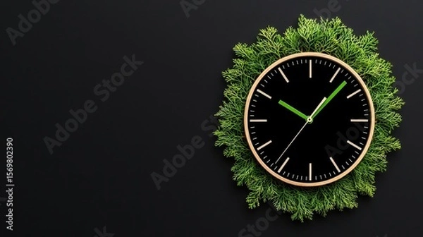 Fototapeta Greenery Framed Clock with Black Background and Modern Design Elements