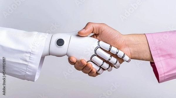 Fototapeta Human Handshake with Robotic Arm Symbolizing Technology and Collaboration in Future