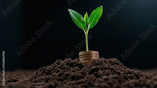 Fototapeta Growing Plant Emerging from Soil on Stacked Coins Symbolizing Financial Growth